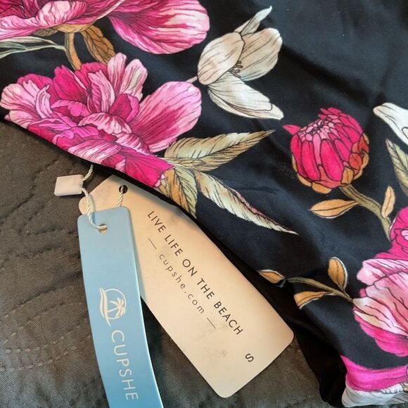 Cupshe Black Pink Floral Print Bikini Swimsuit Bottoms Size S - Picture 3 of 3